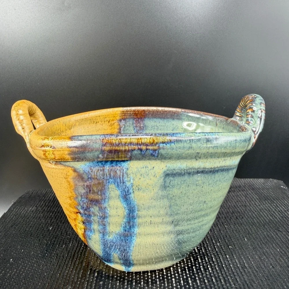Barbara G Childs Studio Pottery Handled Bowl Dish‎ Ochre Drip Glaze Signed